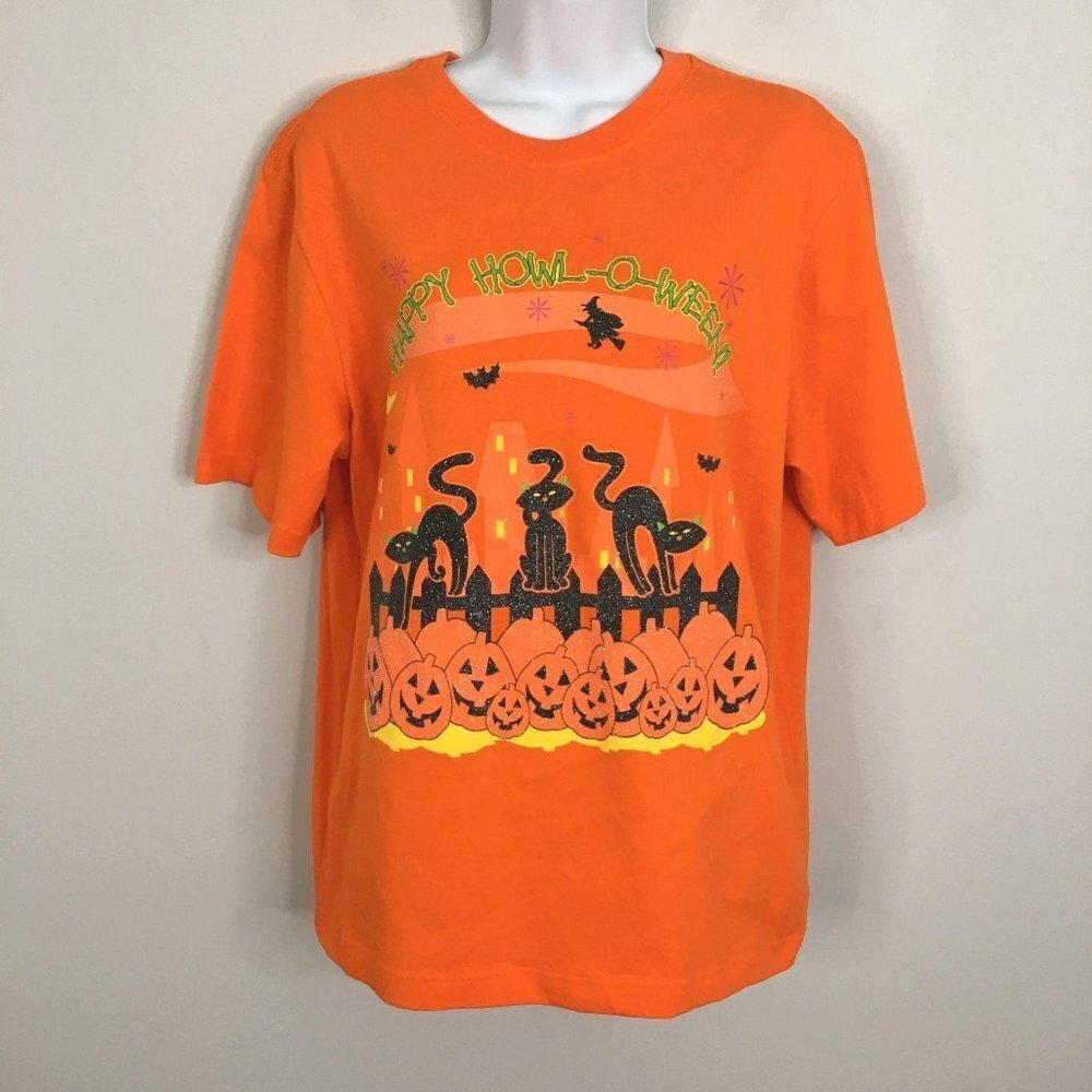 Halloween Top Womens L Orange Black Glitter Black Cat Graphic Fall Pumpkin Shirt